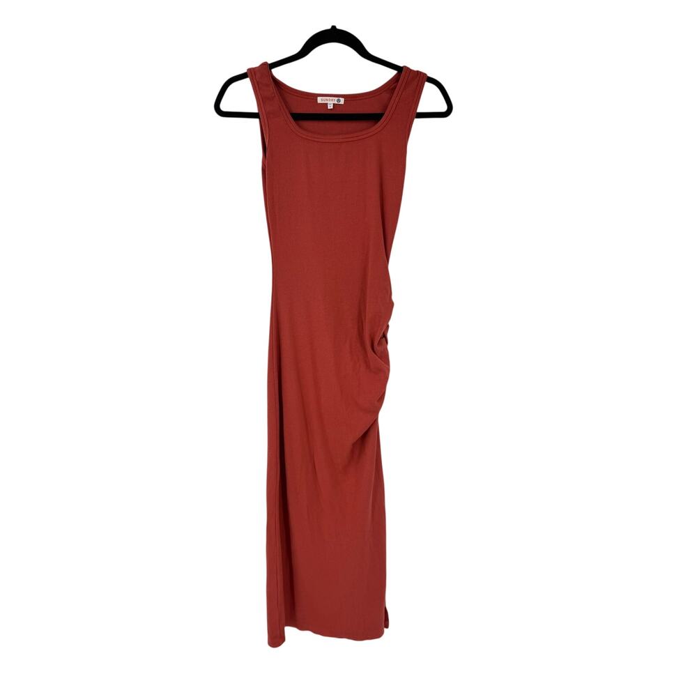 Sundry Side-Ruched Rib Knit Tank Midi Dress Size M in Terracotta Stretch Coastal - Picture 2 of 9